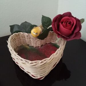 Heart shaped basket w Rose and Bird Handcrafted red green yellow